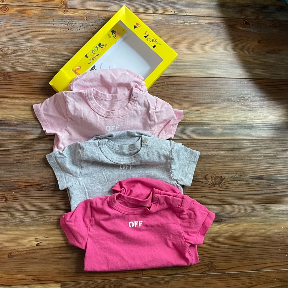 OFF-White Kids Brand Pink, Gray, and Light Pink Onesies